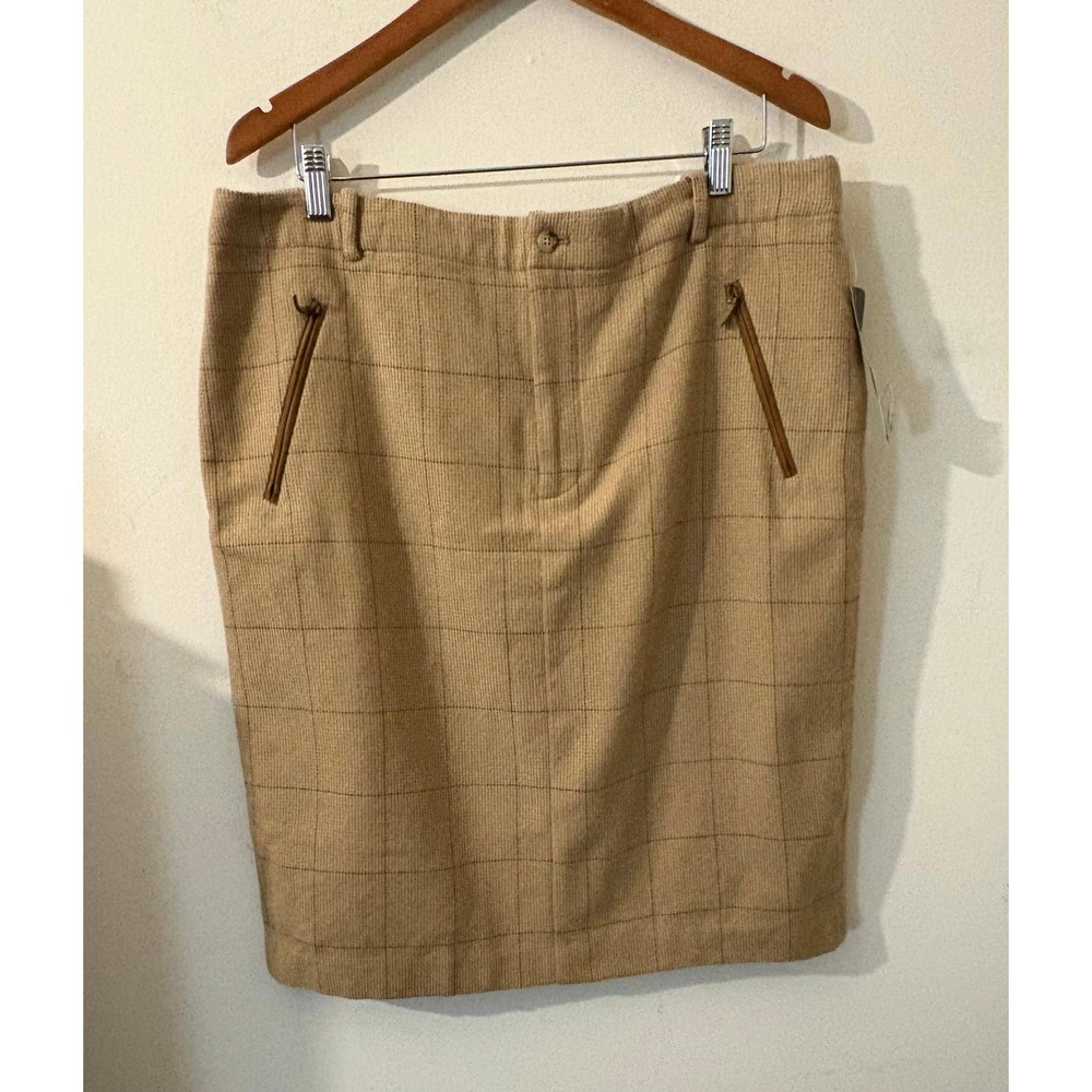 Lauren Ralph Lauren Tan Wool Plaid Pencil Skirt Suede Trim Sz 16 NWT $189